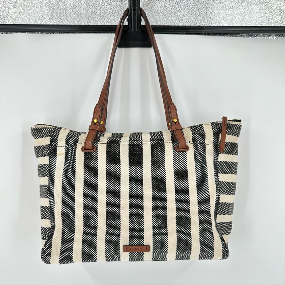 Fossil Stripe Canvas Tote Black Cream Leather Straps Purse Handbag - Picture 4 of 16